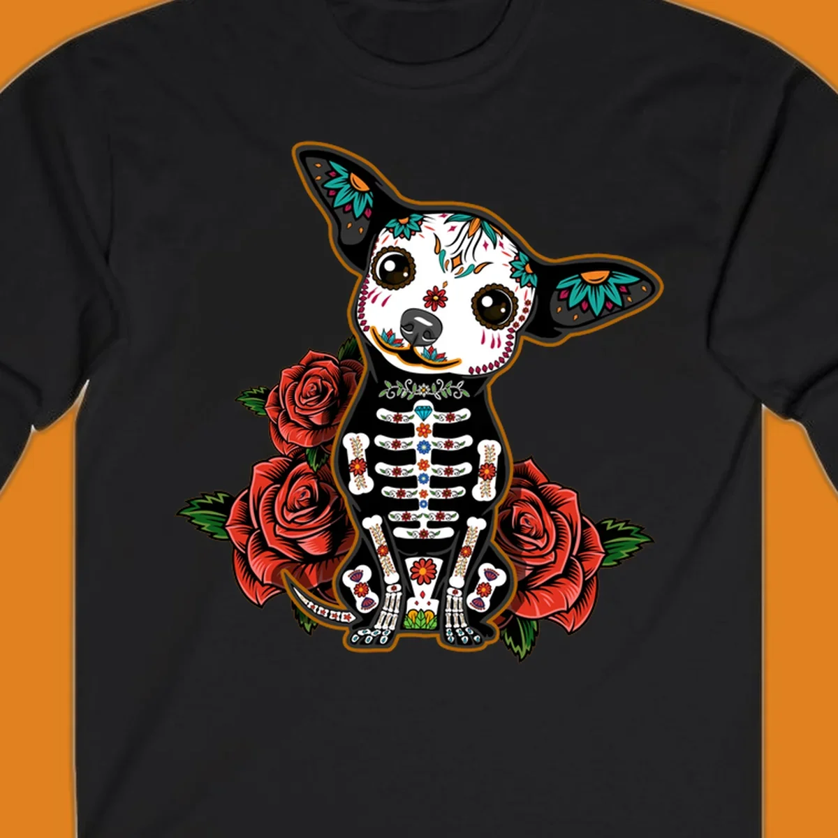 A Día de los Muertos chihuahua dog, adorned with a sugar skull face and skeleton body, sitting among red roses.