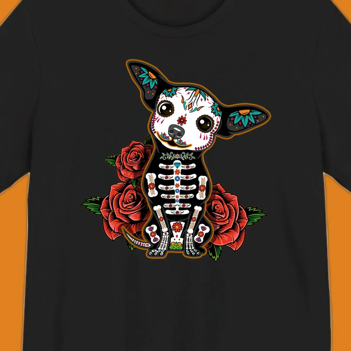 A Día de los Muertos chihuahua dog, adorned with a sugar skull face and skeleton body, sitting among red roses.