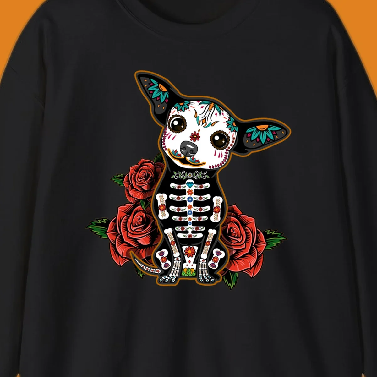 A Día de los Muertos chihuahua dog, adorned with a sugar skull face and skeleton body, sitting among red roses.