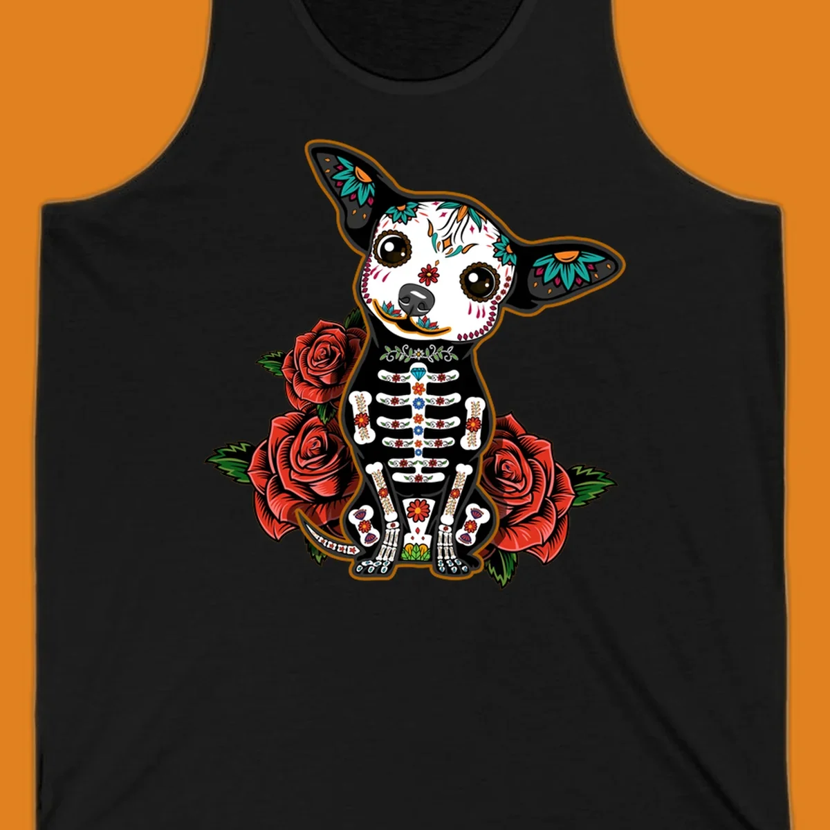 A Día de los Muertos chihuahua dog, adorned with a sugar skull face and skeleton body, sitting among red roses.