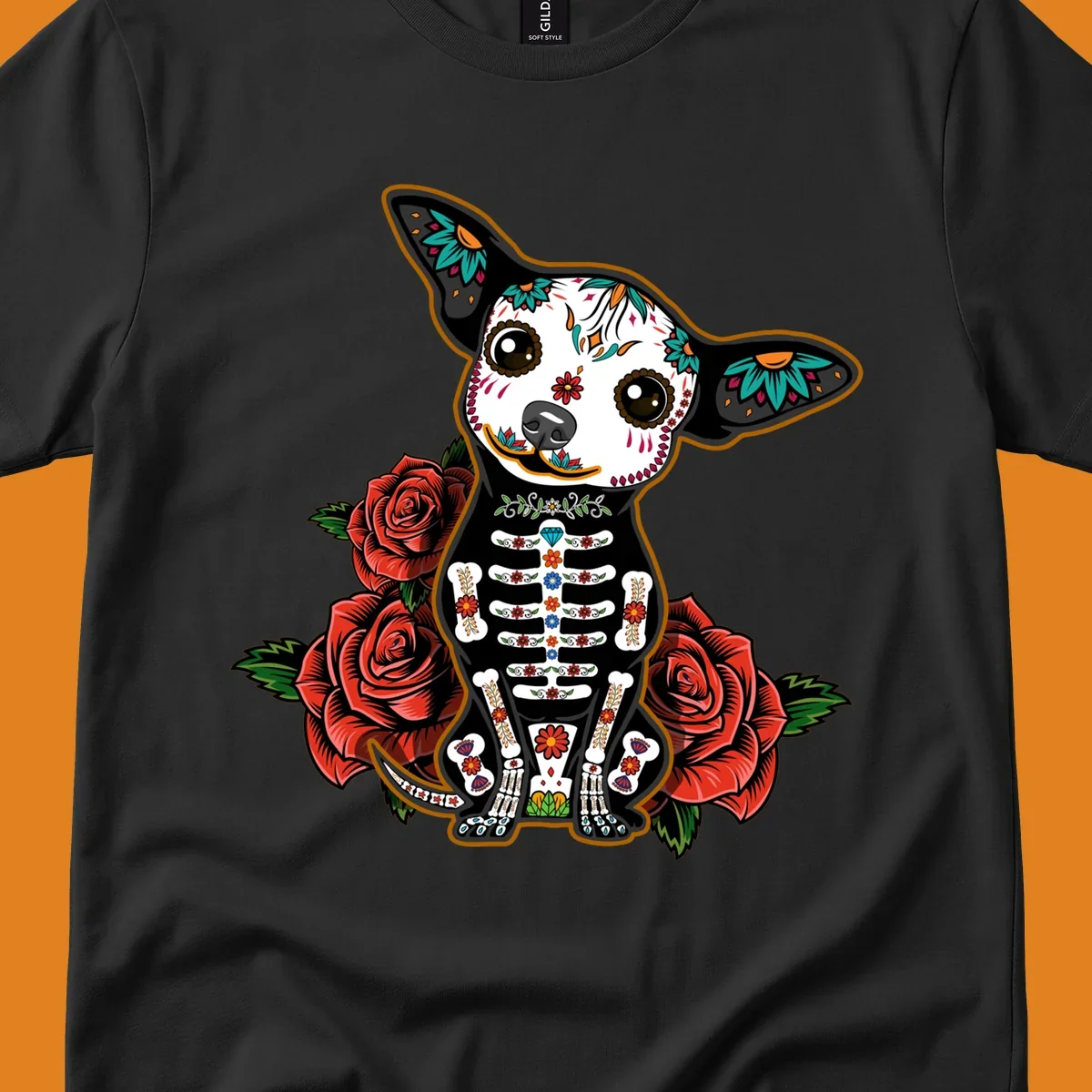 A Día de los Muertos chihuahua dog, adorned with a sugar skull face and skeleton body, sitting among red roses.