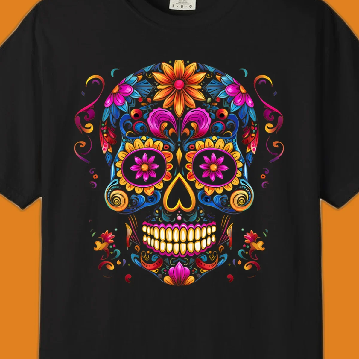 A vibrant floral calavera sugar skull illustration, rich with colorful flowers and swirling patterns.