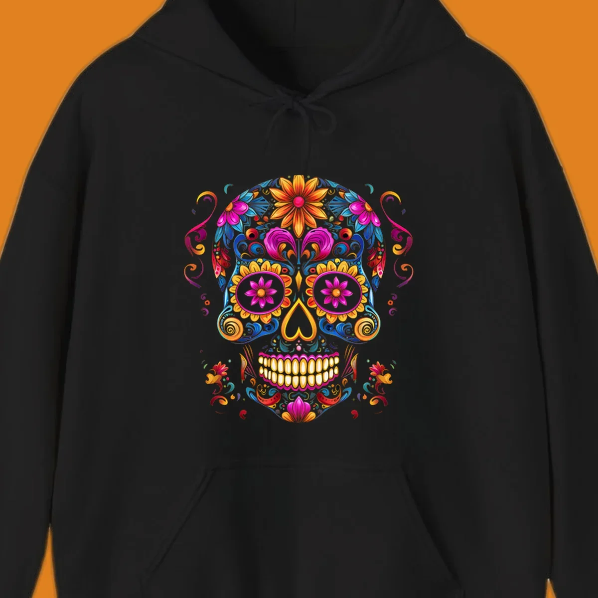 A vibrant floral calavera sugar skull illustration, rich with colorful flowers and swirling patterns.