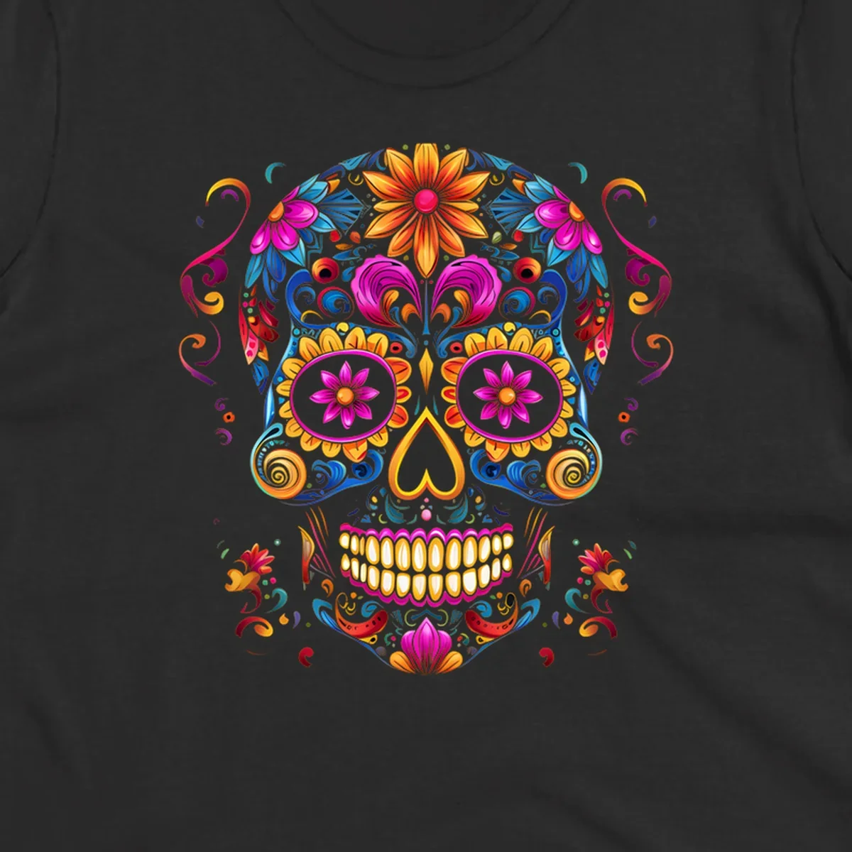 A vibrant floral calavera sugar skull illustration, rich with colorful flowers and swirling patterns.