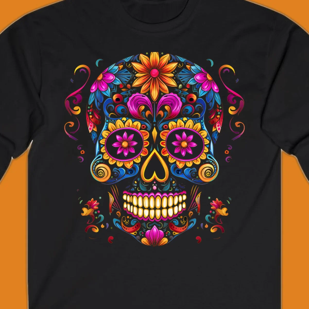 A vibrant floral calavera sugar skull illustration, rich with colorful flowers and swirling patterns.