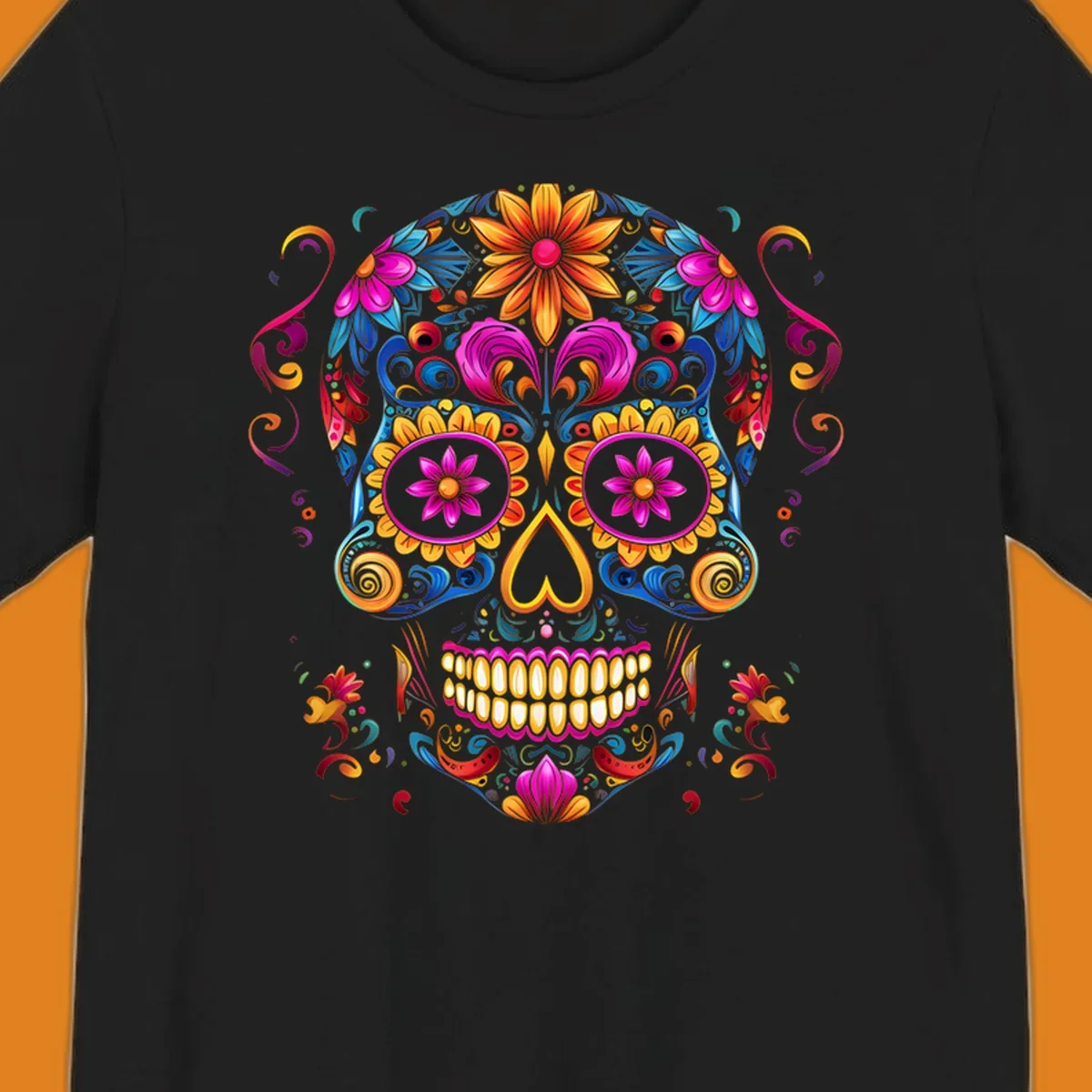 A vibrant floral calavera sugar skull illustration, rich with colorful flowers and swirling patterns.