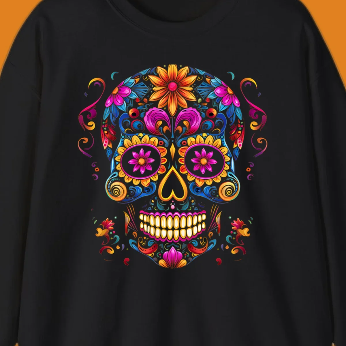 A vibrant floral calavera sugar skull illustration, rich with colorful flowers and swirling patterns.
