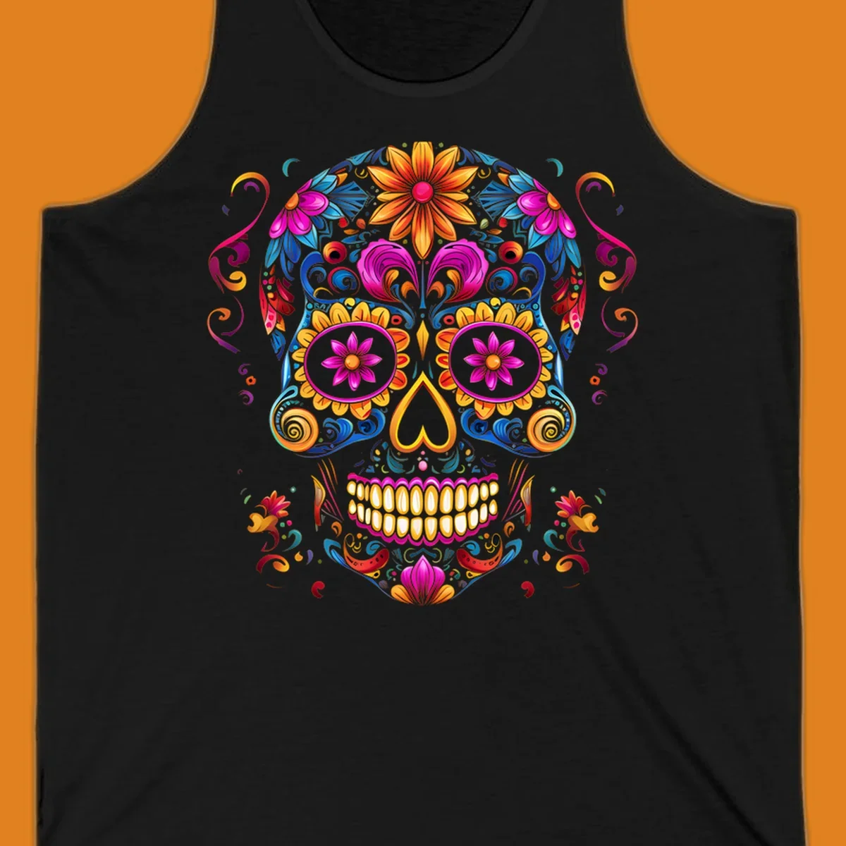 A vibrant floral calavera sugar skull illustration, rich with colorful flowers and swirling patterns.