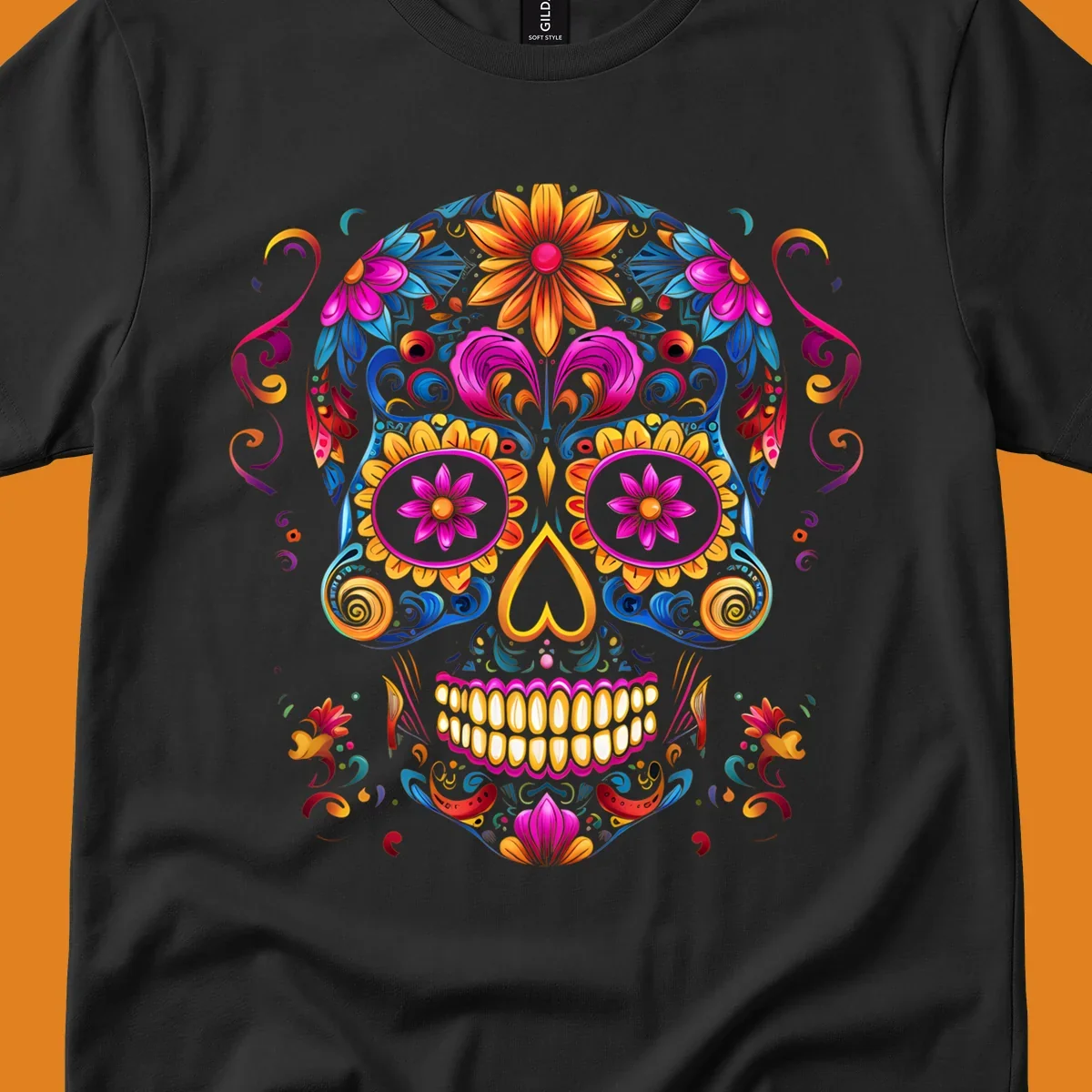 A vibrant floral calavera sugar skull illustration, rich with colorful flowers and swirling patterns.