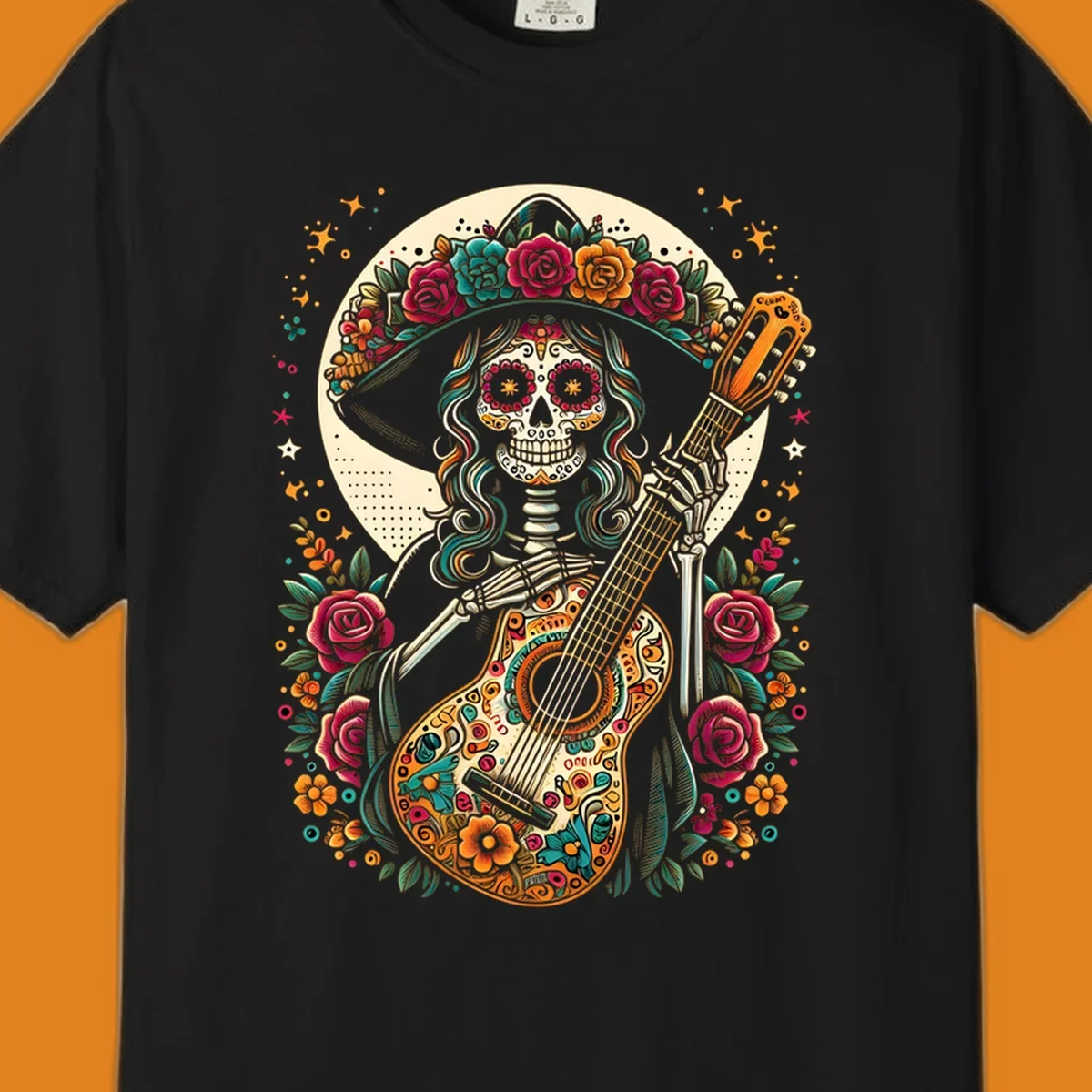 A vibrant calavera guitar player skeleton with a floral crown and decorated guitar, set against a circular moon.