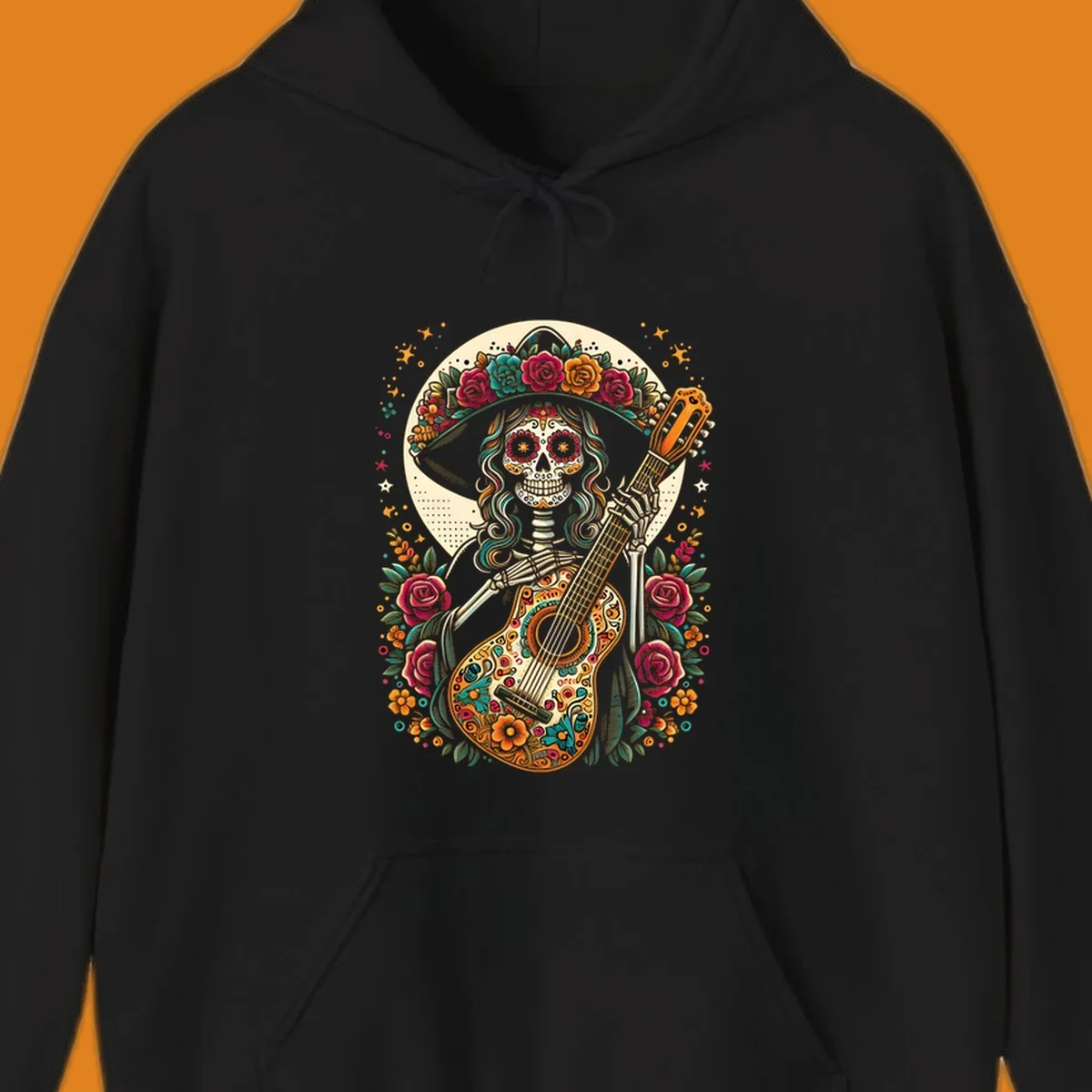 A vibrant calavera guitar player skeleton with a floral crown and decorated guitar, set against a circular moon.