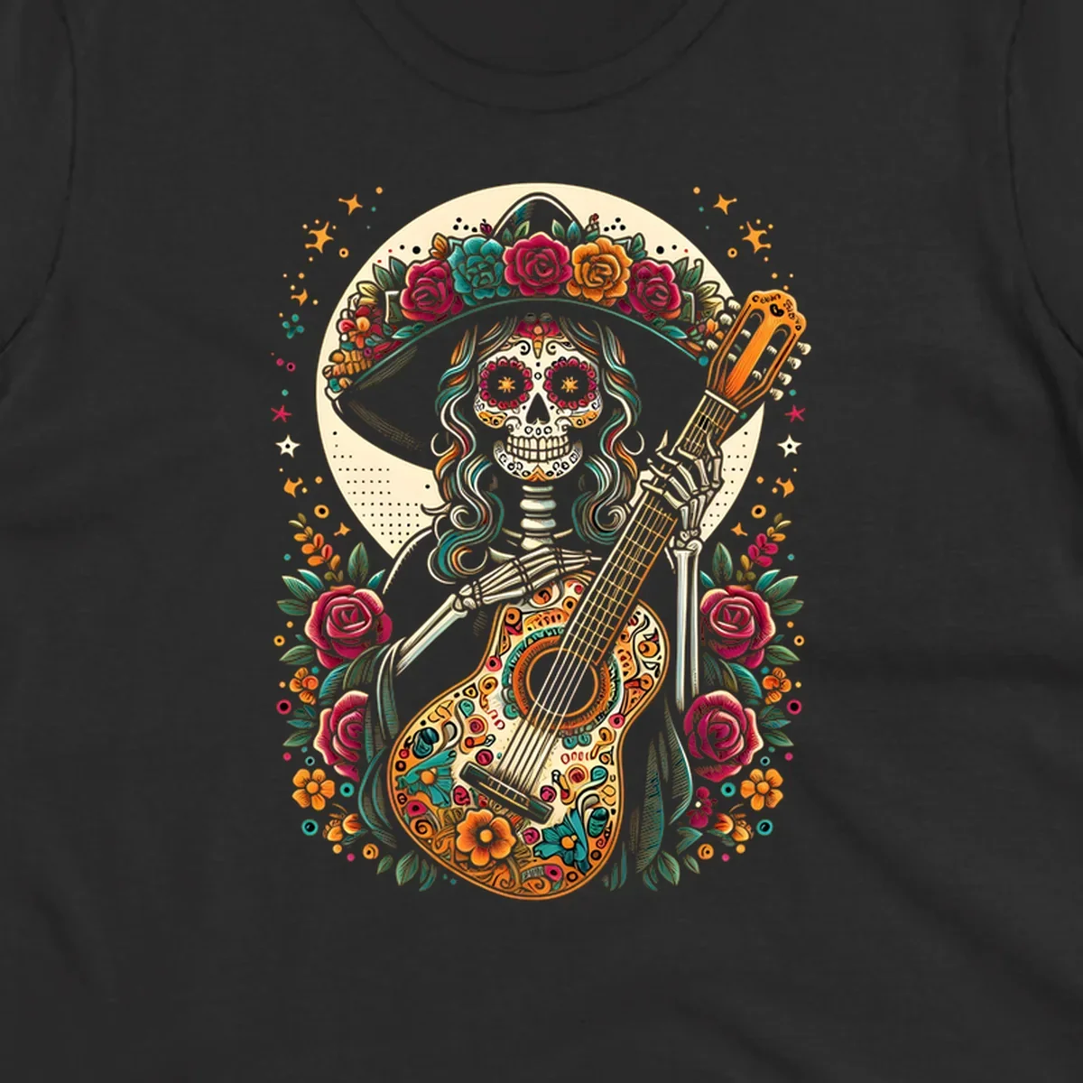 A vibrant calavera guitar player skeleton with a floral crown and decorated guitar, set against a circular moon.