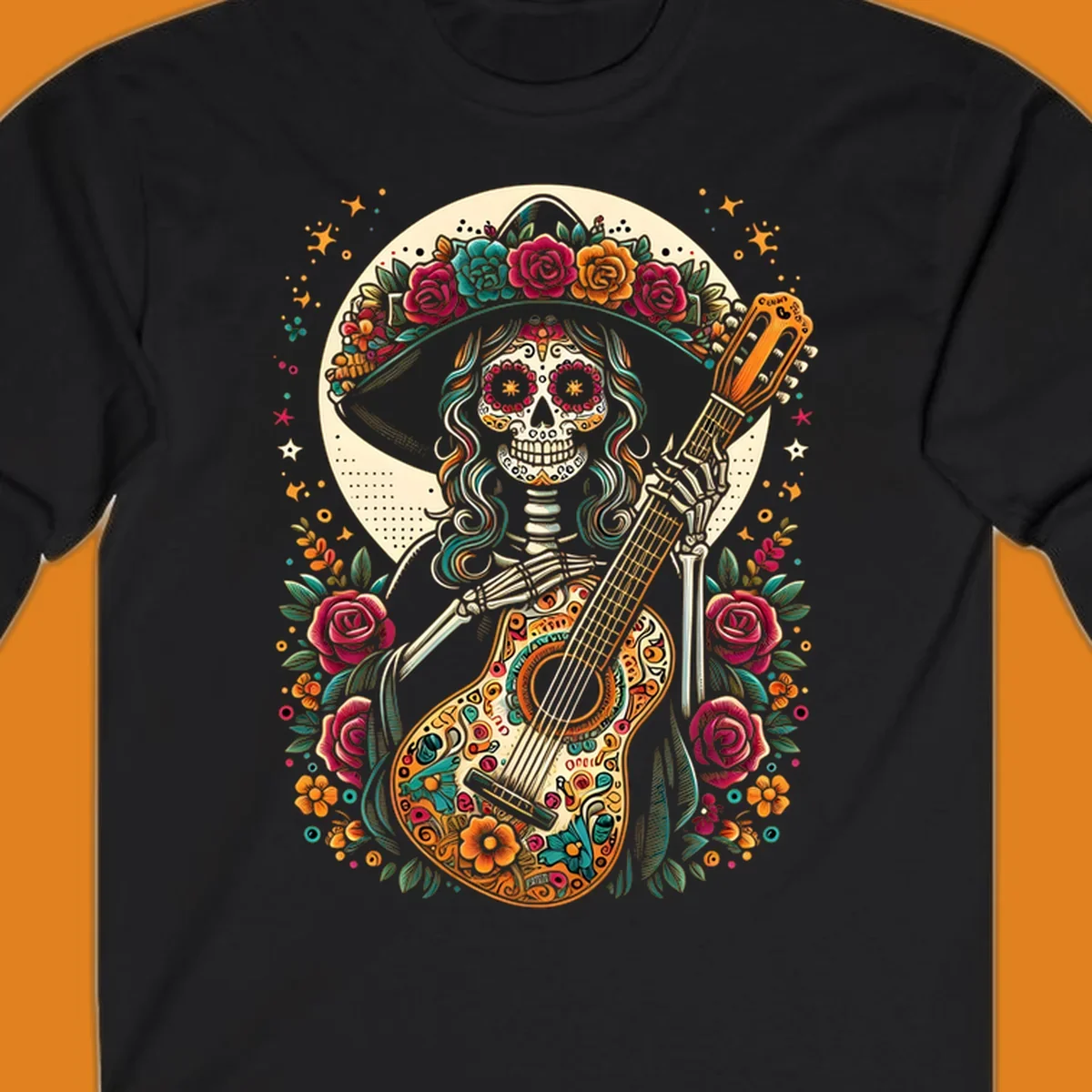 A vibrant calavera guitar player skeleton with a floral crown and decorated guitar, set against a circular moon.