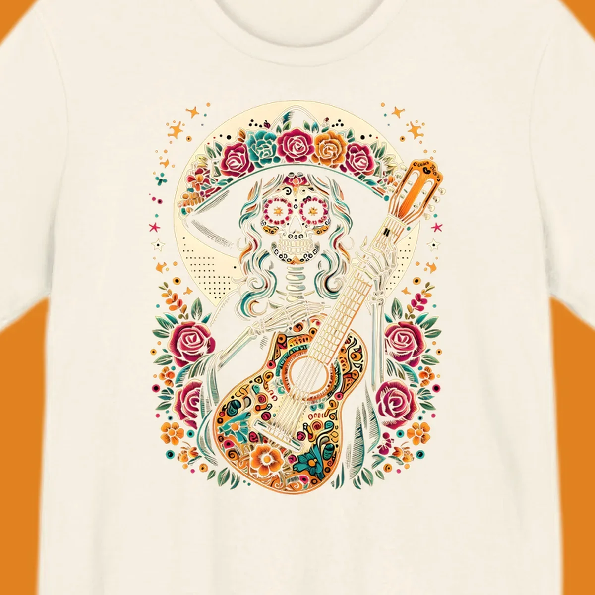 A vibrant calavera guitar player skeleton with a floral crown and decorated guitar, set against a circular moon.