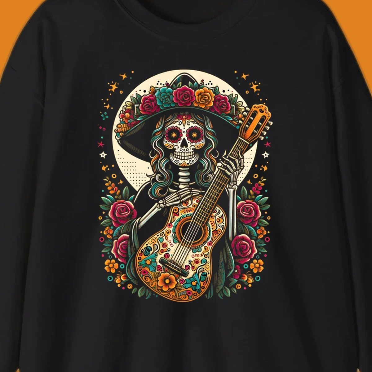 A vibrant calavera guitar player skeleton with a floral crown and decorated guitar, set against a circular moon.
