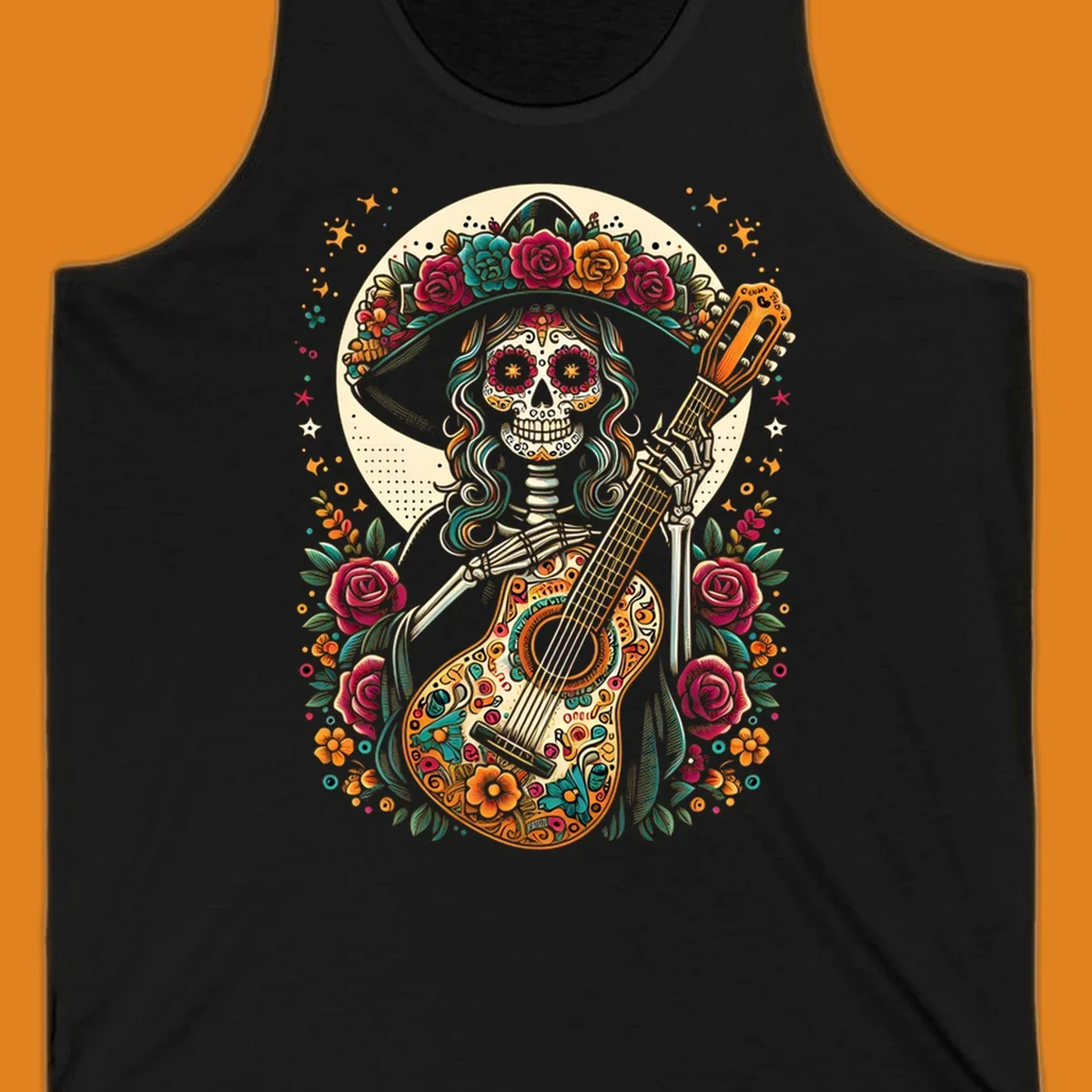 A vibrant calavera guitar player skeleton with a floral crown and decorated guitar, set against a circular moon.