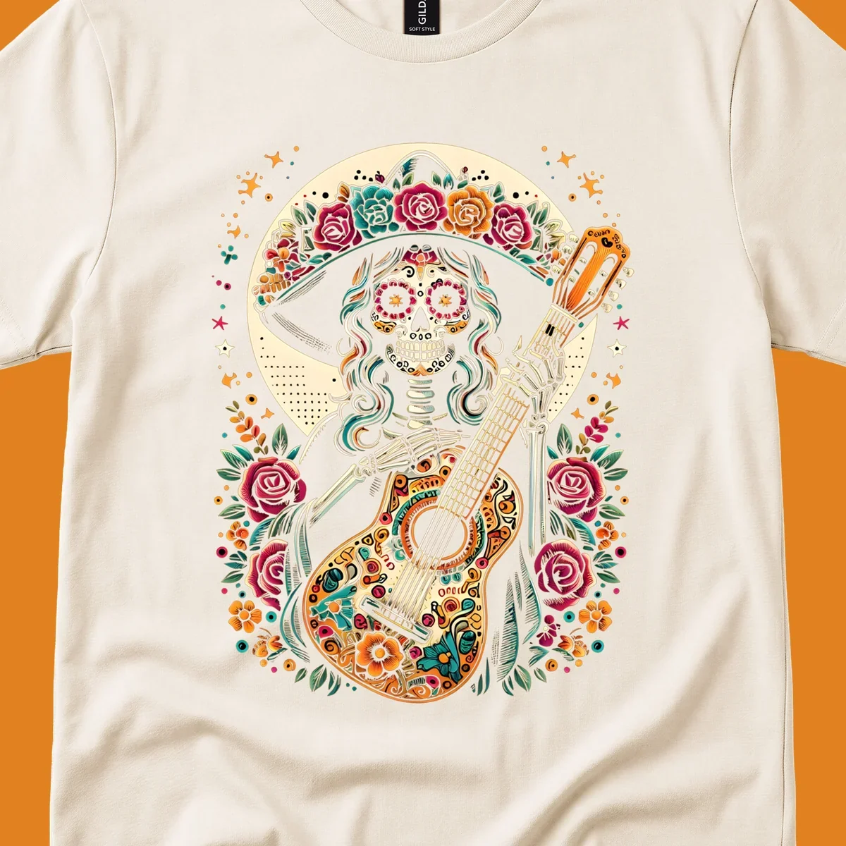 A vibrant calavera guitar player skeleton with a floral crown and decorated guitar, set against a circular moon.