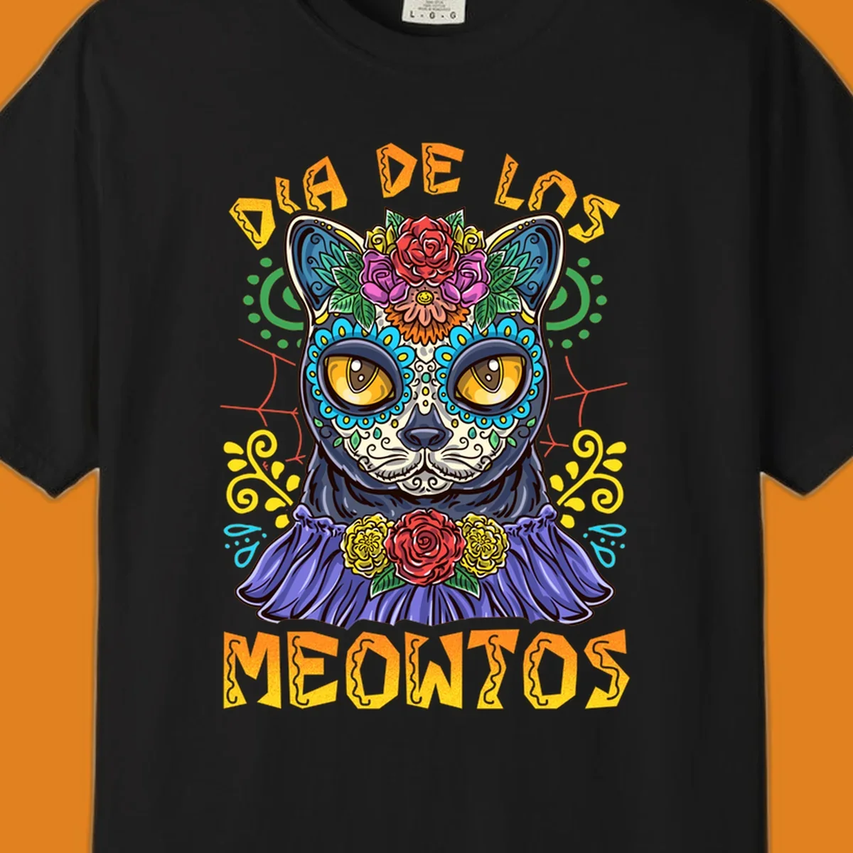 A vibrant illustration of a black cat with a sugar skull face and flowers, with the text 'DIA DE LOS MEOWTOS'. Depicts the dia-de-los-meowtos-cat concept.