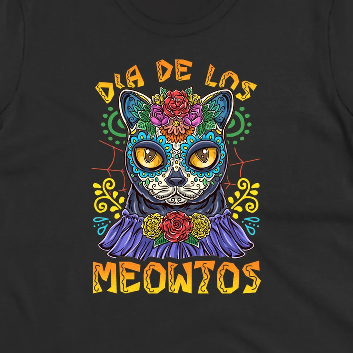 A vibrant illustration of a black cat with a sugar skull face and flowers, with the text 'DIA DE LOS MEOWTOS'. Depicts the dia-de-los-meowtos-cat concept.
