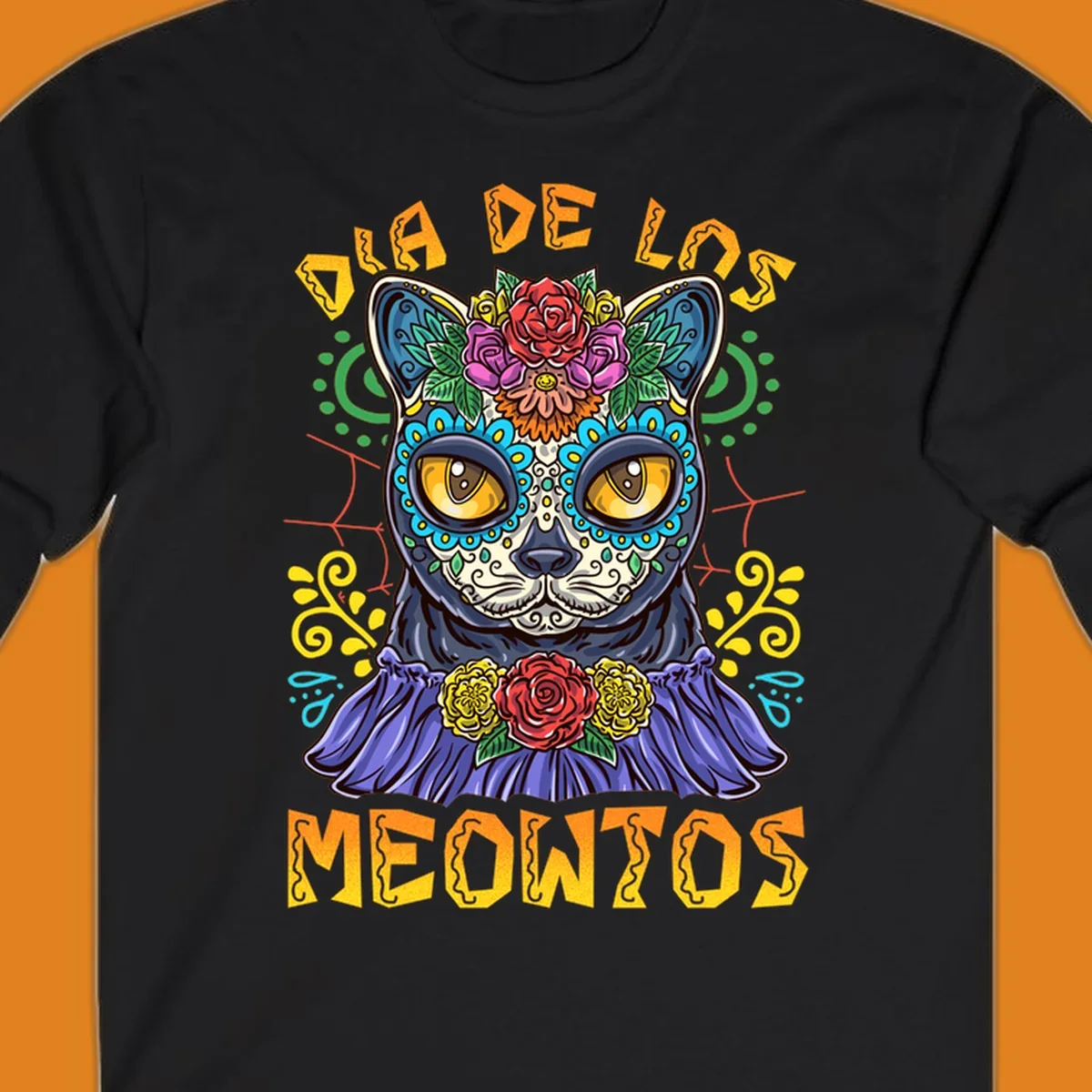 A vibrant illustration of a black cat with a sugar skull face and flowers, with the text 'DIA DE LOS MEOWTOS'. Depicts the dia-de-los-meowtos-cat concept.