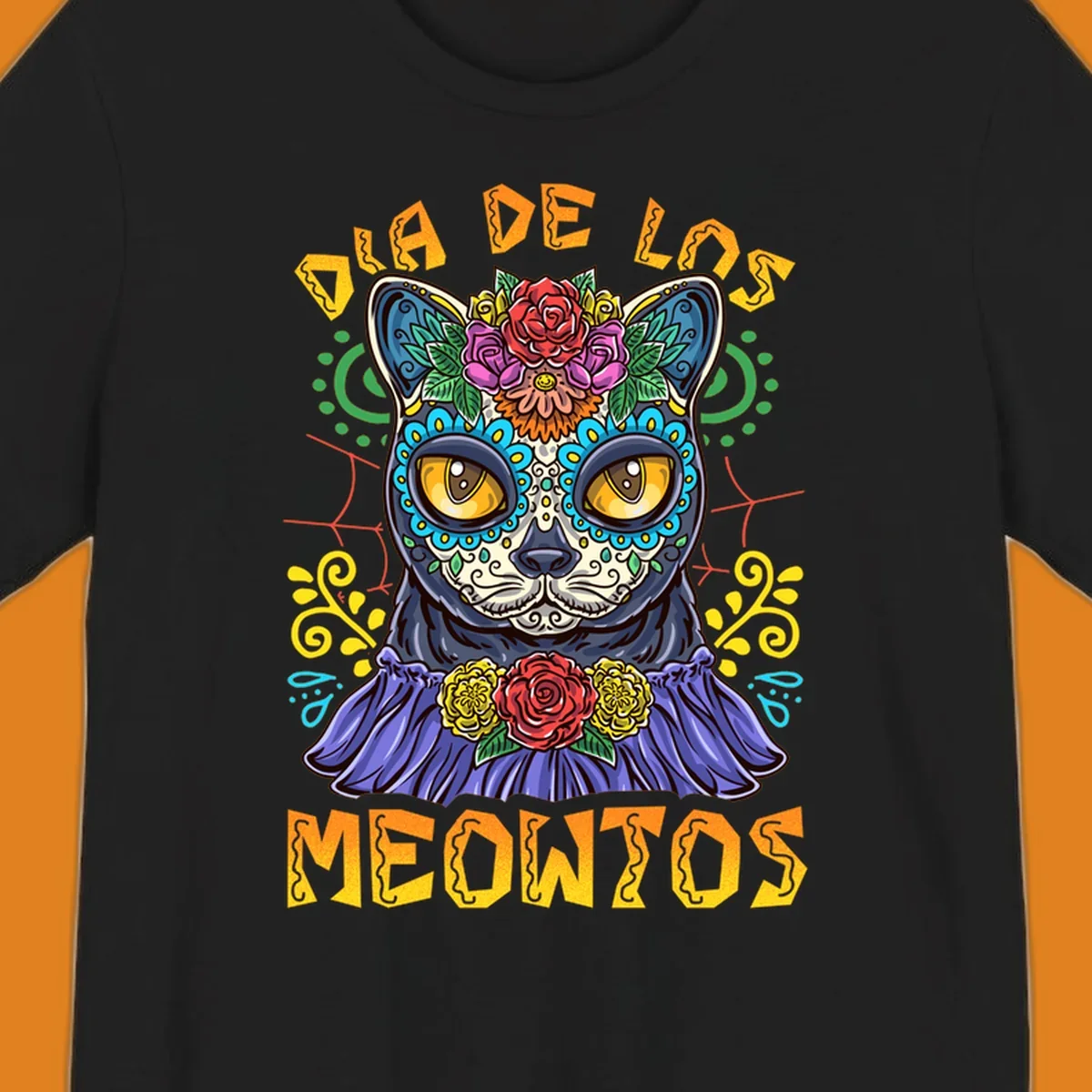 A vibrant illustration of a black cat with a sugar skull face and flowers, with the text 'DIA DE LOS MEOWTOS'. Depicts the dia-de-los-meowtos-cat concept.