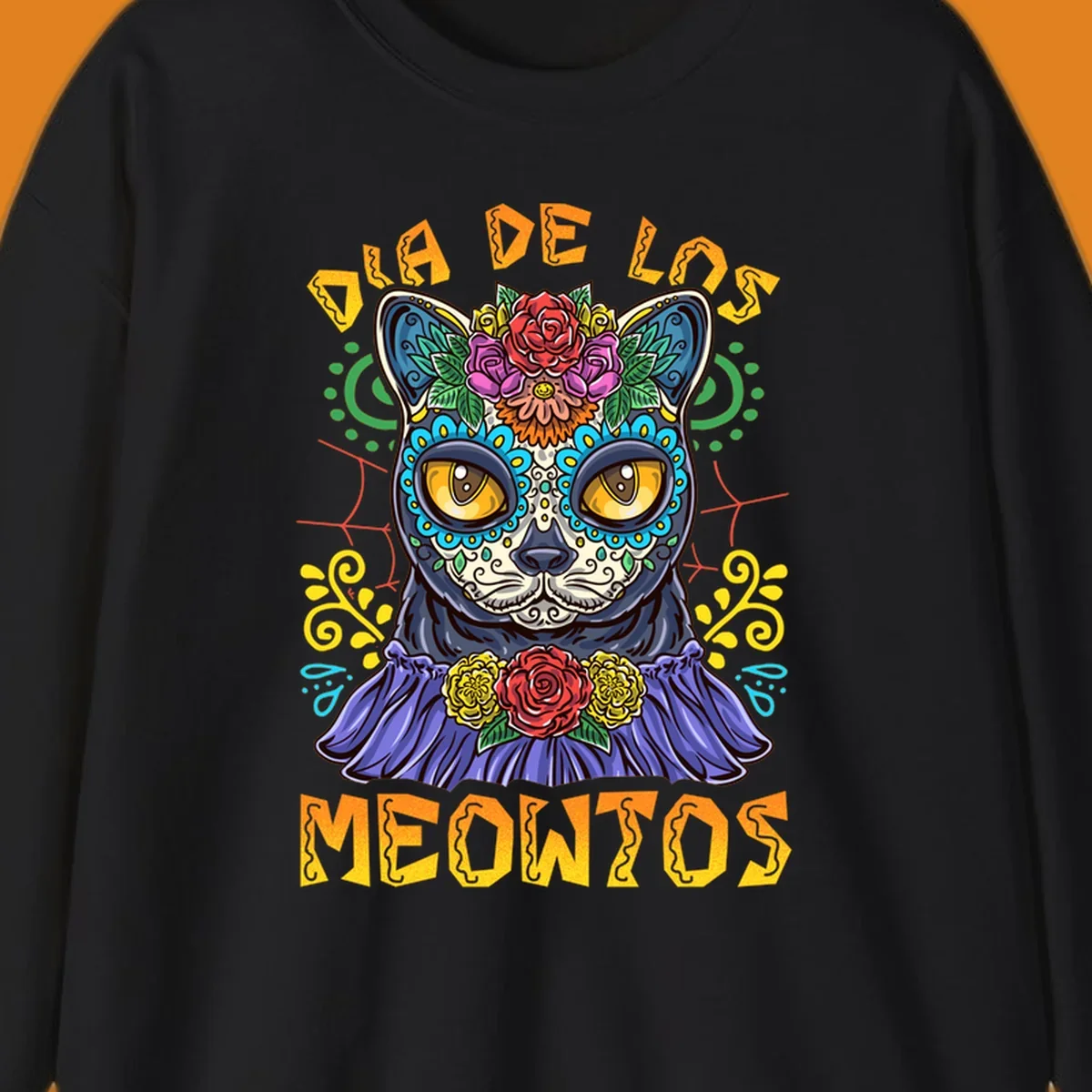 A vibrant illustration of a black cat with a sugar skull face and flowers, with the text 'DIA DE LOS MEOWTOS'. Depicts the dia-de-los-meowtos-cat concept.