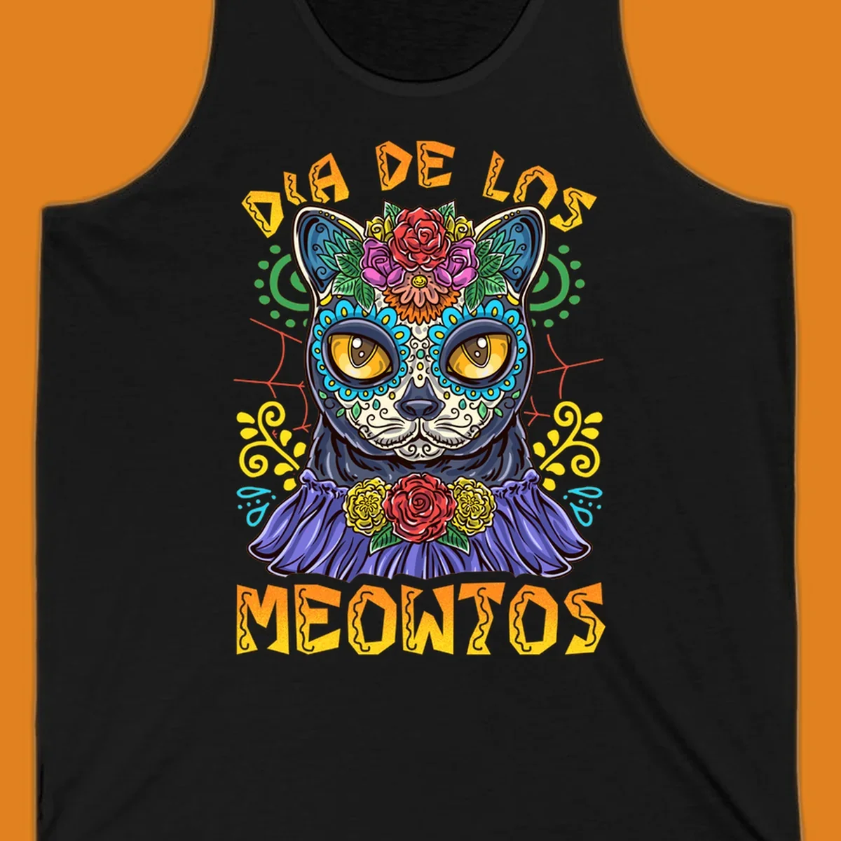 A vibrant illustration of a black cat with a sugar skull face and flowers, with the text 'DIA DE LOS MEOWTOS'. Depicts the dia-de-los-meowtos-cat concept.