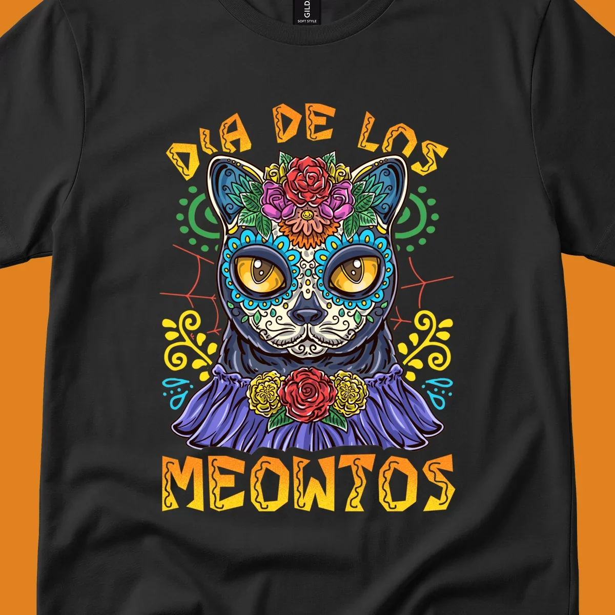 A vibrant illustration of a black cat with a sugar skull face and flowers, with the text 'DIA DE LOS MEOWTOS'. Depicts the dia-de-los-meowtos-cat concept.