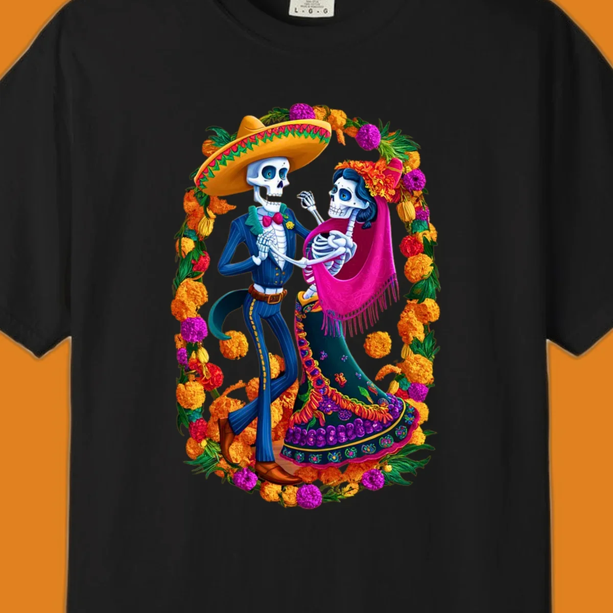 A vibrant illustration of a calavera couple dancing, framed by a colorful marigold wreath, celebrating Day of the Dead.