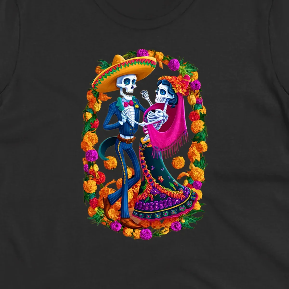 A vibrant illustration of a calavera couple dancing, framed by a colorful marigold wreath, celebrating Day of the Dead.