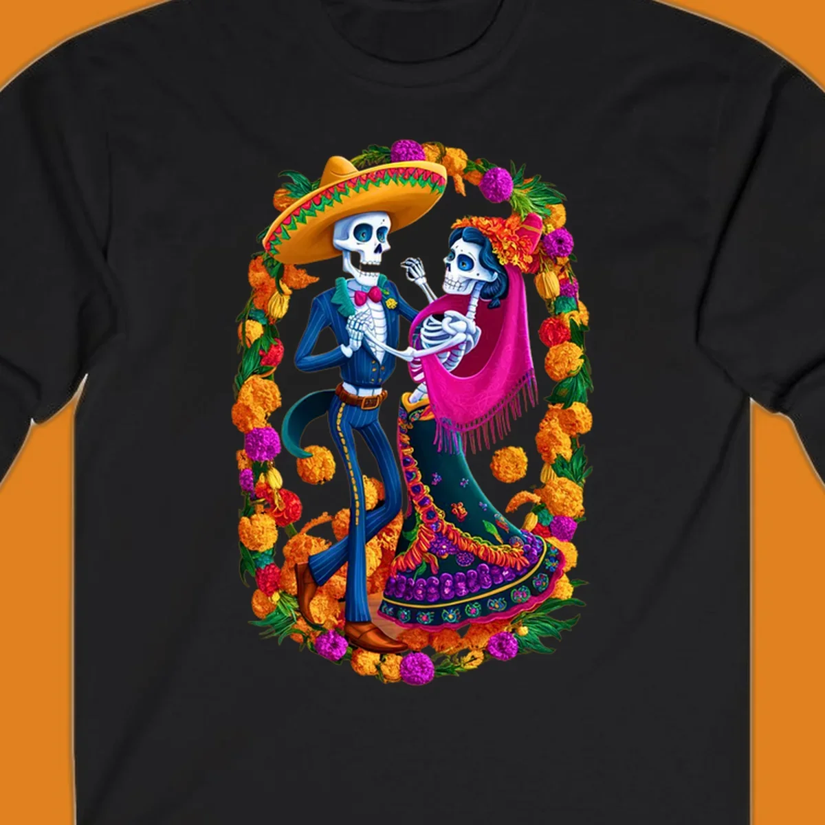 A vibrant illustration of a calavera couple dancing, framed by a colorful marigold wreath, celebrating Day of the Dead.