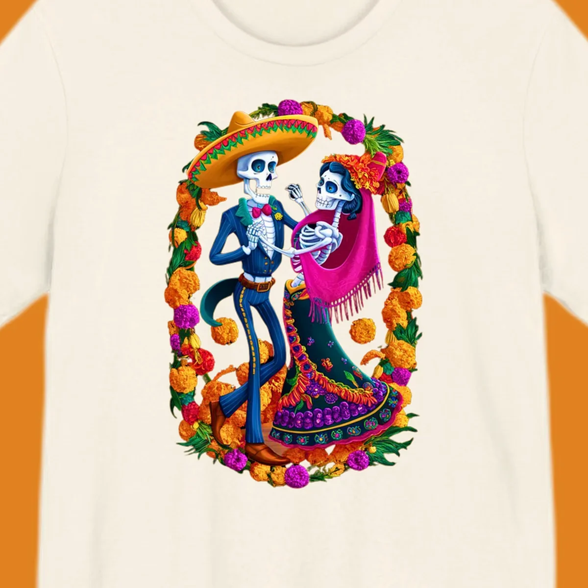 A vibrant illustration of a calavera couple dancing, framed by a colorful marigold wreath, celebrating Day of the Dead.