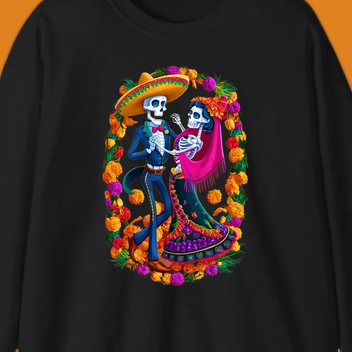 A vibrant illustration of a calavera couple dancing, framed by a colorful marigold wreath, celebrating Day of the Dead.