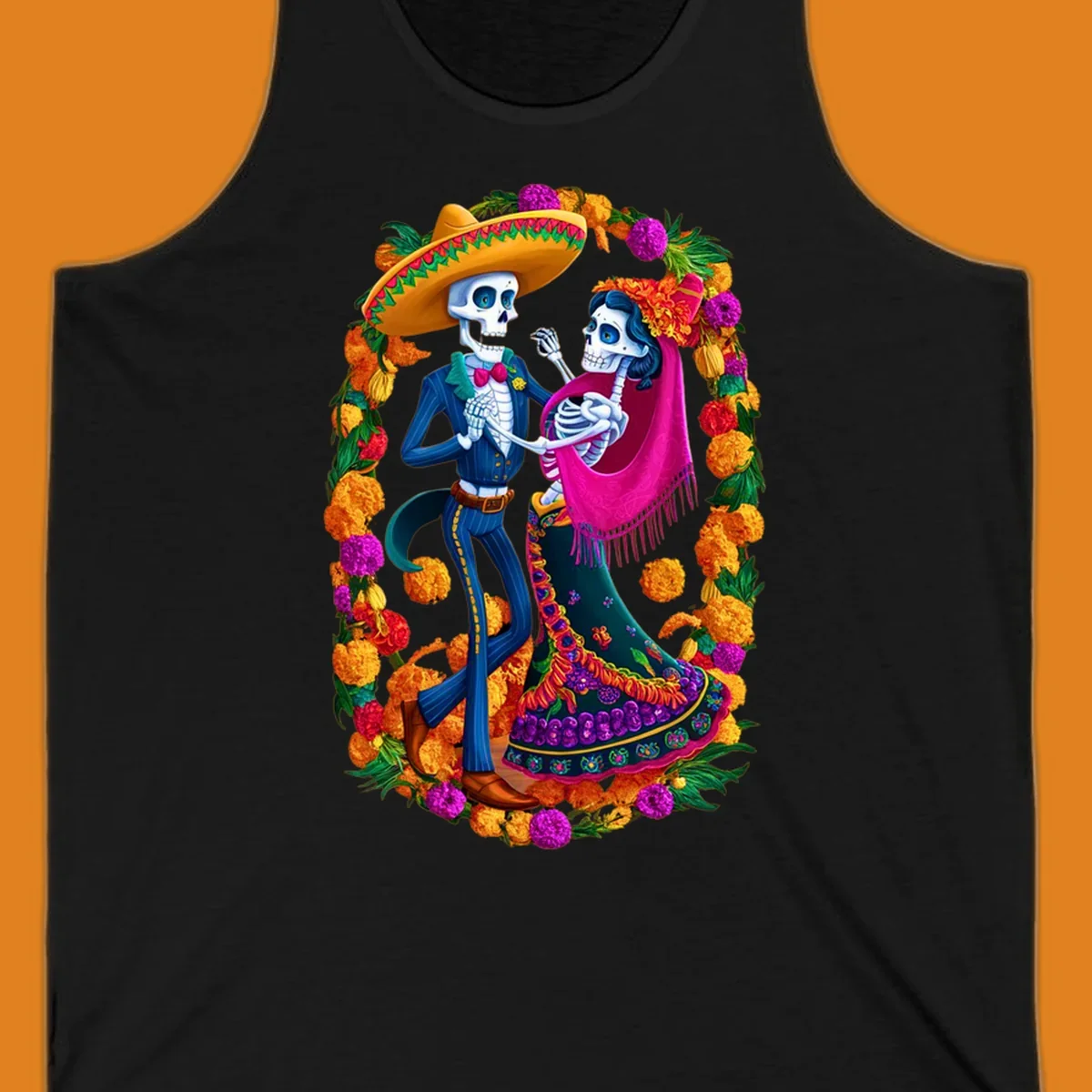 A vibrant illustration of a calavera couple dancing, framed by a colorful marigold wreath, celebrating Day of the Dead.
