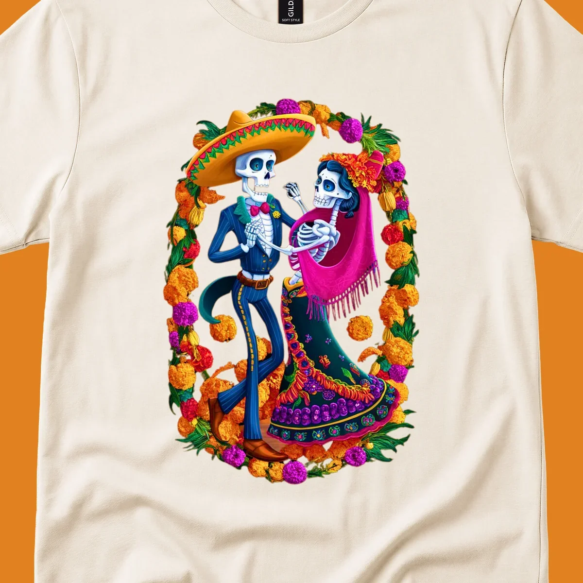 A vibrant illustration of a calavera couple dancing, framed by a colorful marigold wreath, celebrating Day of the Dead.
