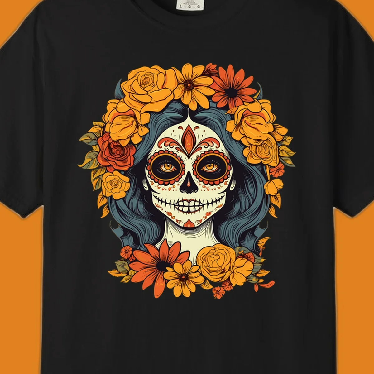 Vibrant illustration of a Day of the Dead calavera woman with a sugar skull face and a large floral crown.