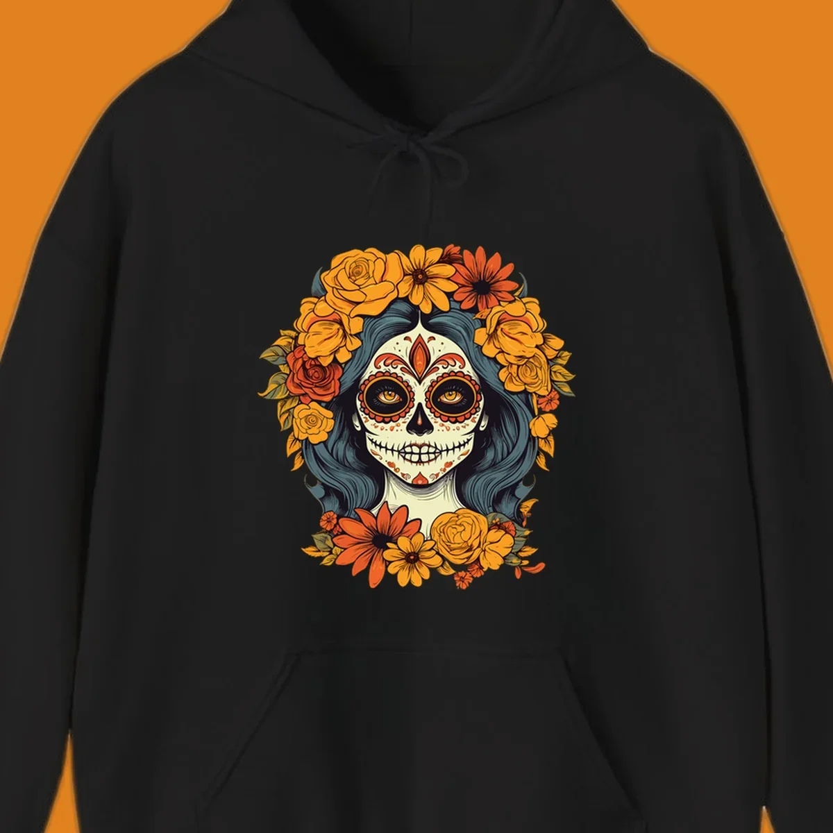 Vibrant illustration of a Day of the Dead calavera woman with a sugar skull face and a large floral crown.