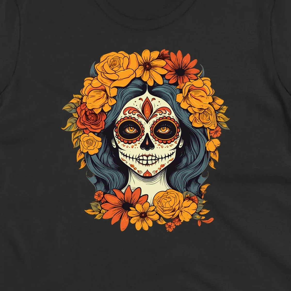 Vibrant illustration of a Day of the Dead calavera woman with a sugar skull face and a large floral crown.
