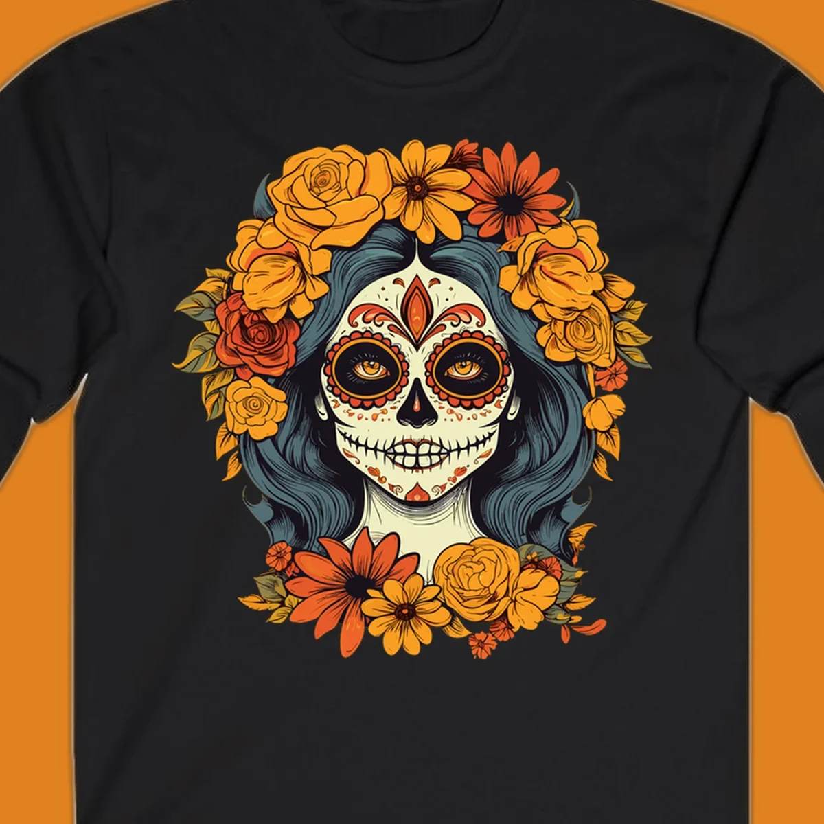 Vibrant illustration of a Day of the Dead calavera woman with a sugar skull face and a large floral crown.