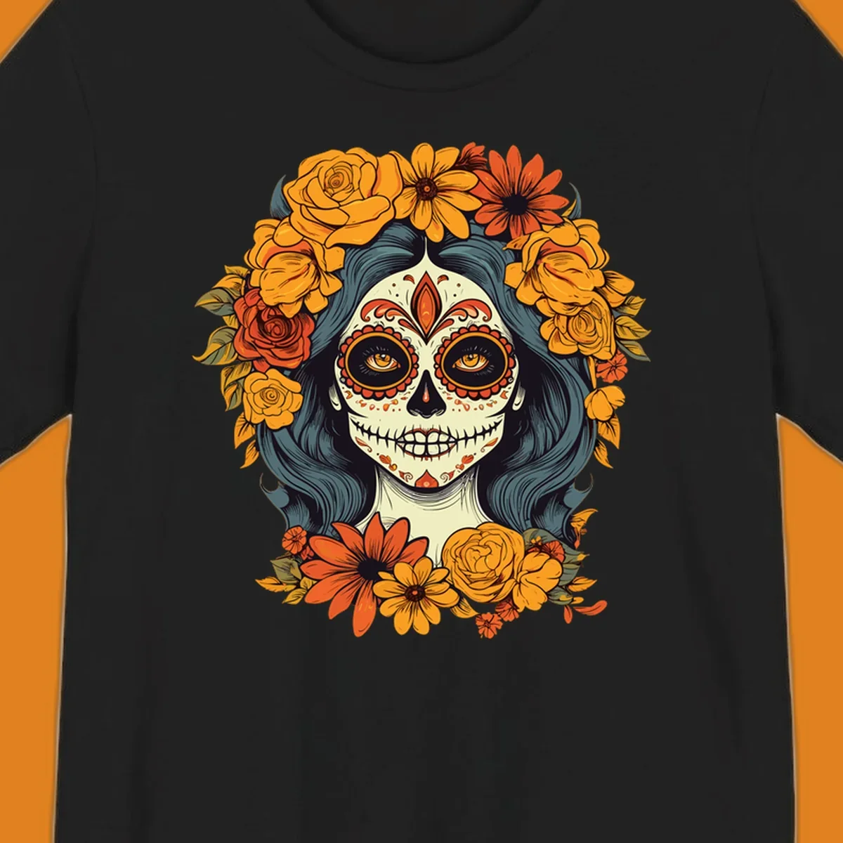 Vibrant illustration of a Day of the Dead calavera woman with a sugar skull face and a large floral crown.