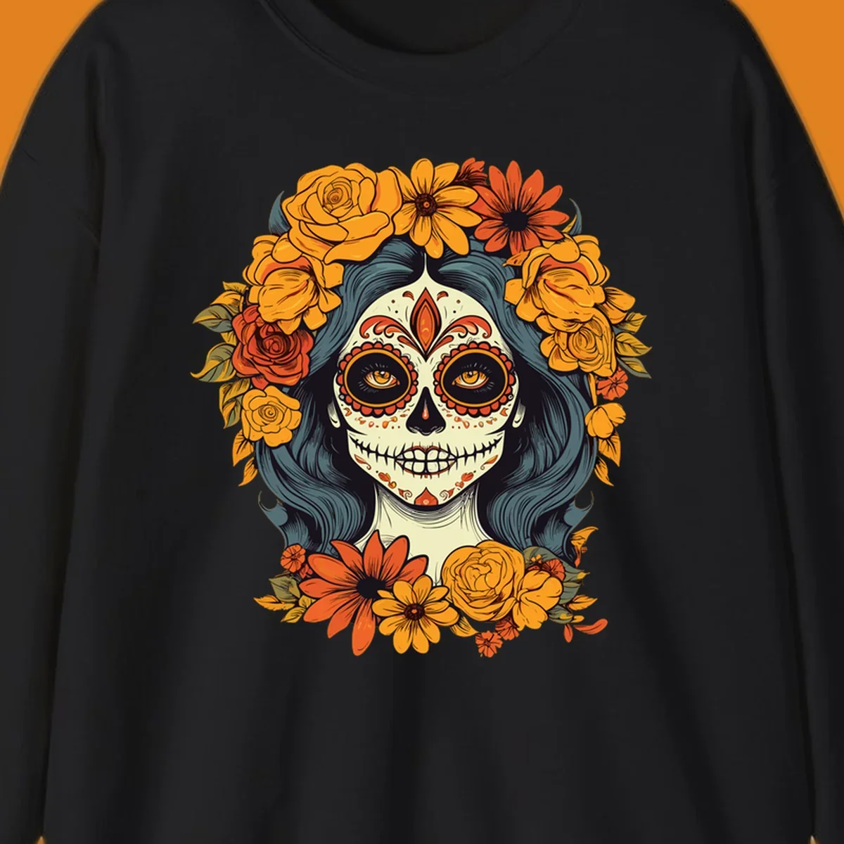 Vibrant illustration of a Day of the Dead calavera woman with a sugar skull face and a large floral crown.