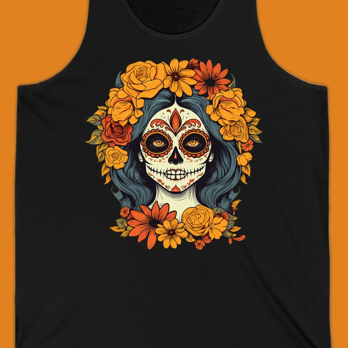 Vibrant illustration of a Day of the Dead calavera woman with a sugar skull face and a large floral crown.