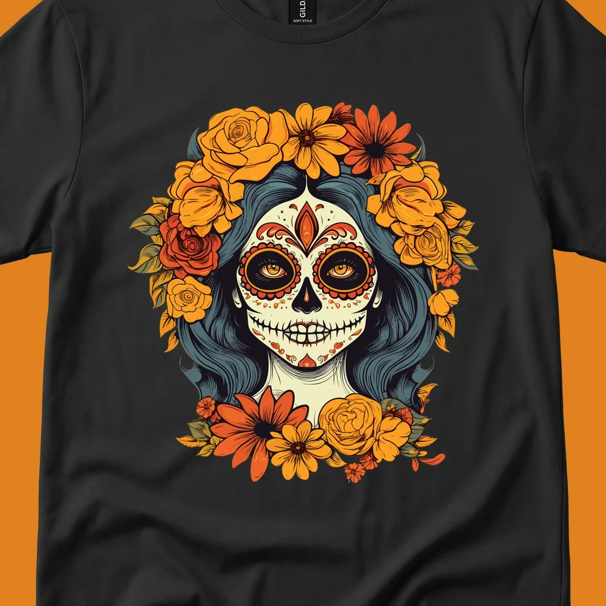 Vibrant illustration of a Day of the Dead calavera woman with a sugar skull face and a large floral crown.