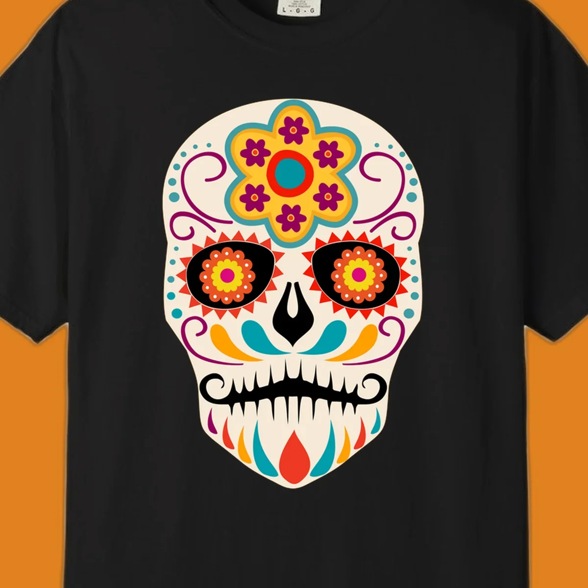 A vibrant sugar skull calavera illustration with a yellow and teal floral crown, swirls, and colorful patterns around its eyes.