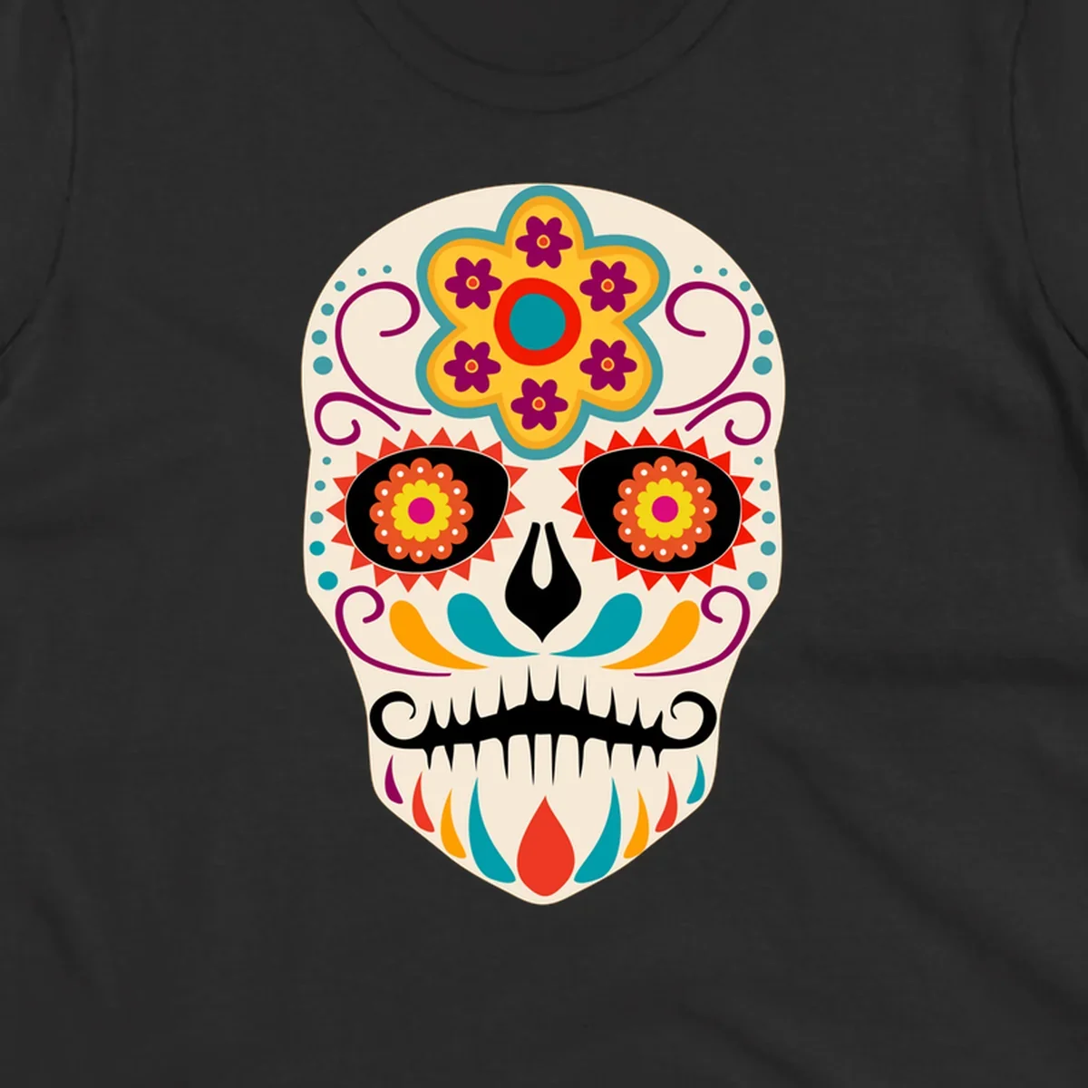 A vibrant sugar skull calavera illustration with a yellow and teal floral crown, swirls, and colorful patterns around its eyes.