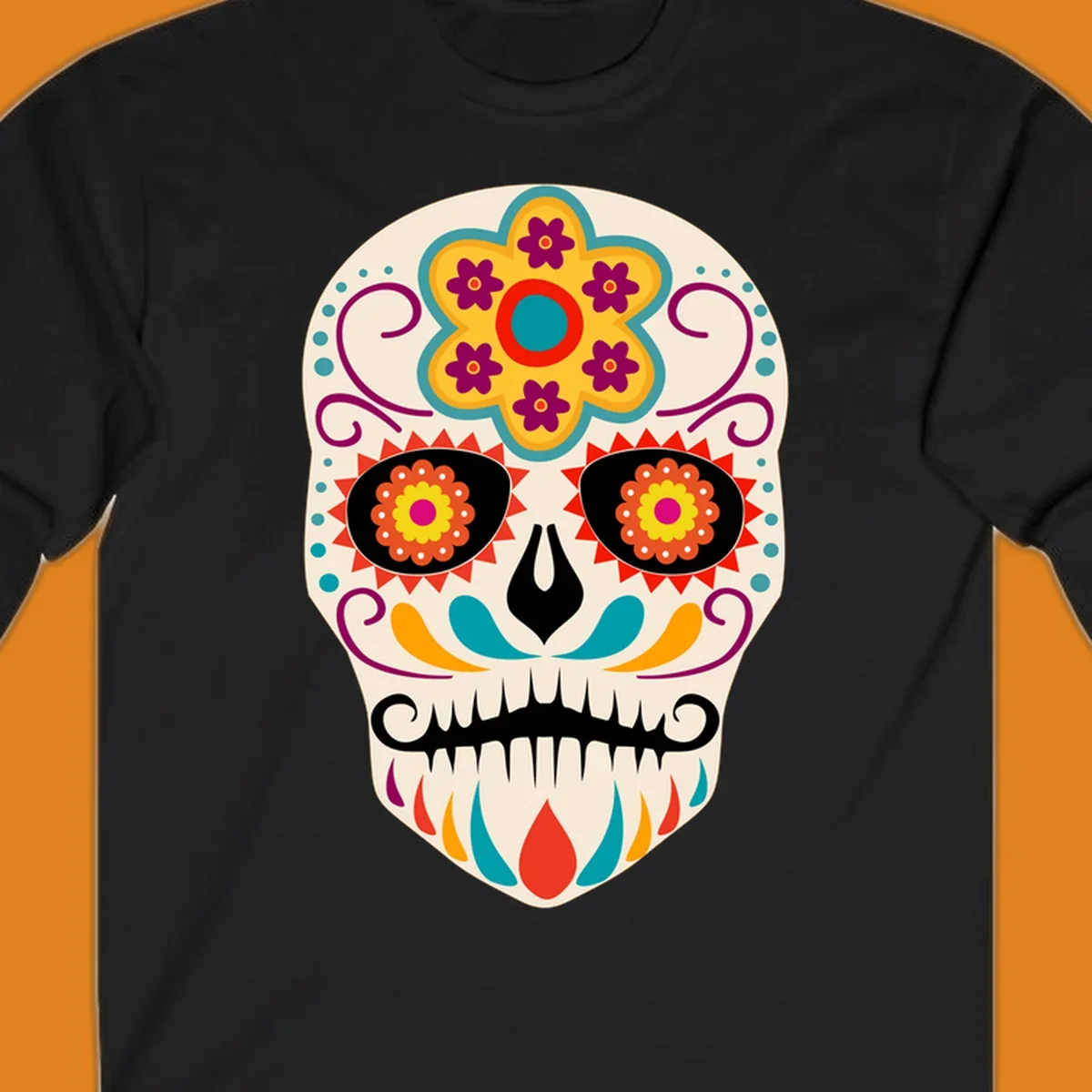A vibrant sugar skull calavera illustration with a yellow and teal floral crown, swirls, and colorful patterns around its eyes.