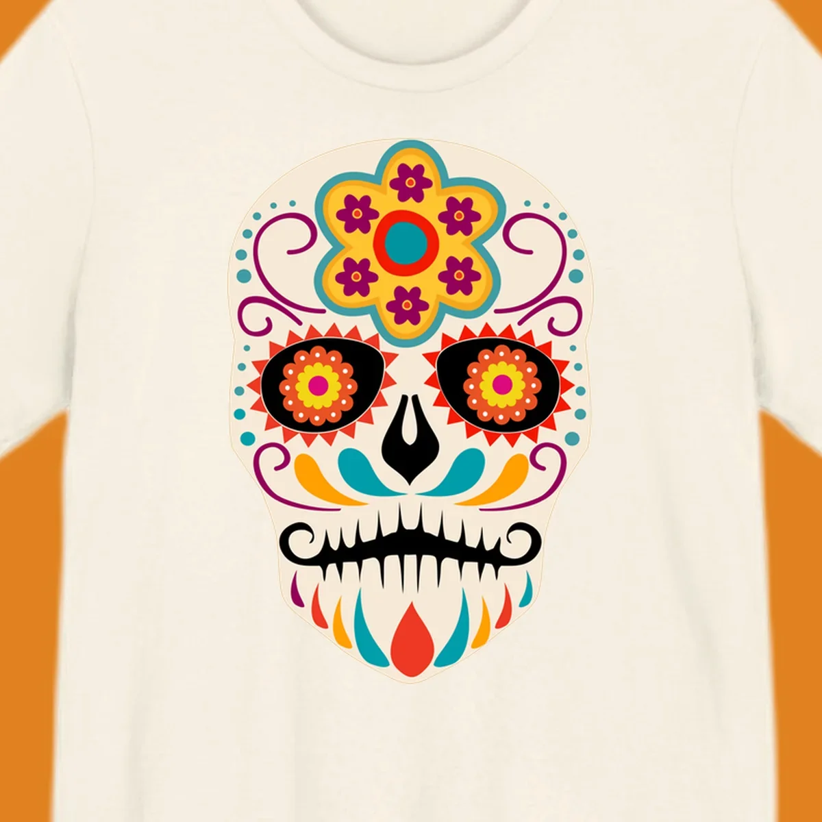 A vibrant sugar skull calavera illustration with a yellow and teal floral crown, swirls, and colorful patterns around its eyes.