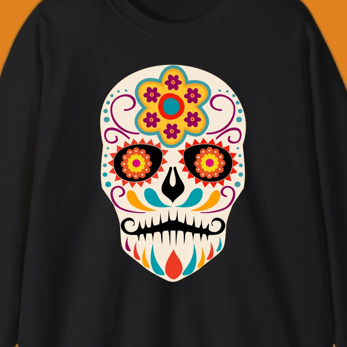 A vibrant sugar skull calavera illustration with a yellow and teal floral crown, swirls, and colorful patterns around its eyes.