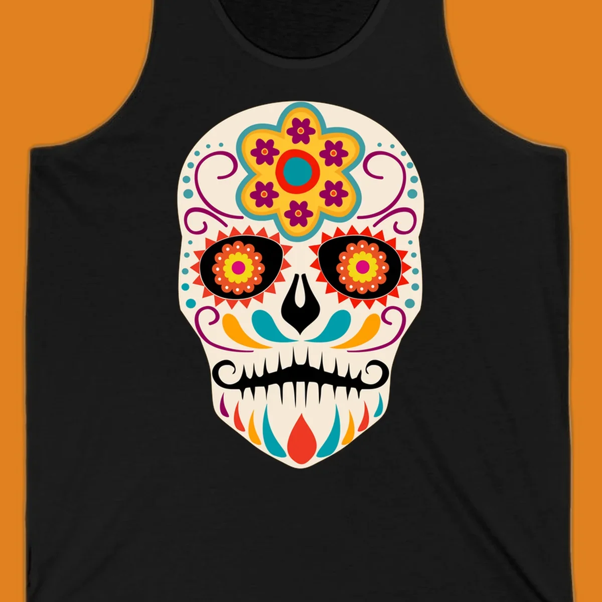 A vibrant sugar skull calavera illustration with a yellow and teal floral crown, swirls, and colorful patterns around its eyes.