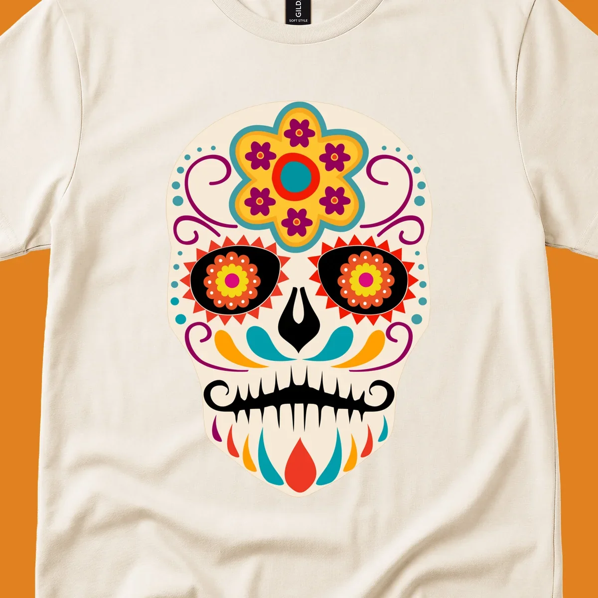 A vibrant sugar skull calavera illustration with a yellow and teal floral crown, swirls, and colorful patterns around its eyes.
